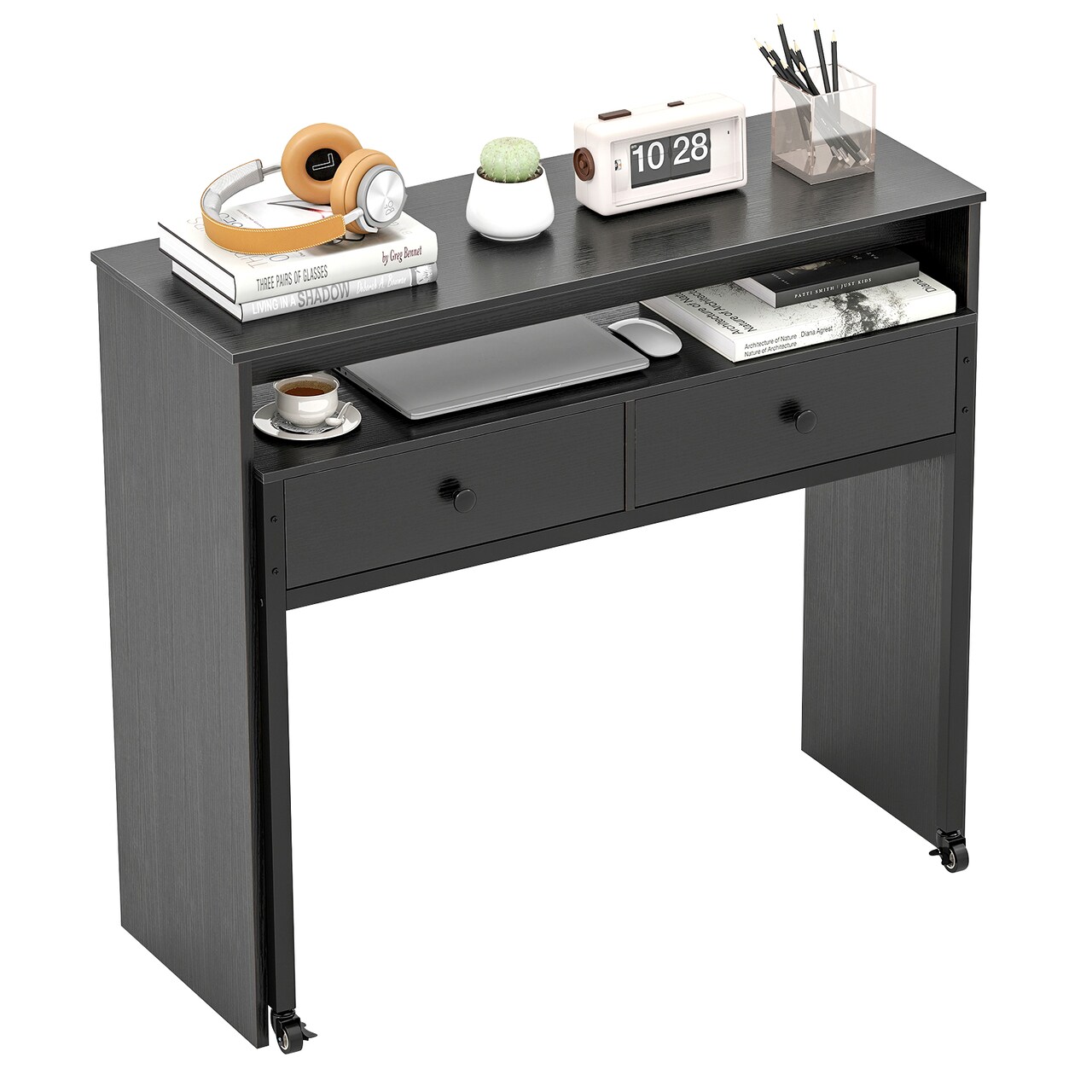 Extendable Home Office Computer Desk with 2 Drawers and Rolling Base